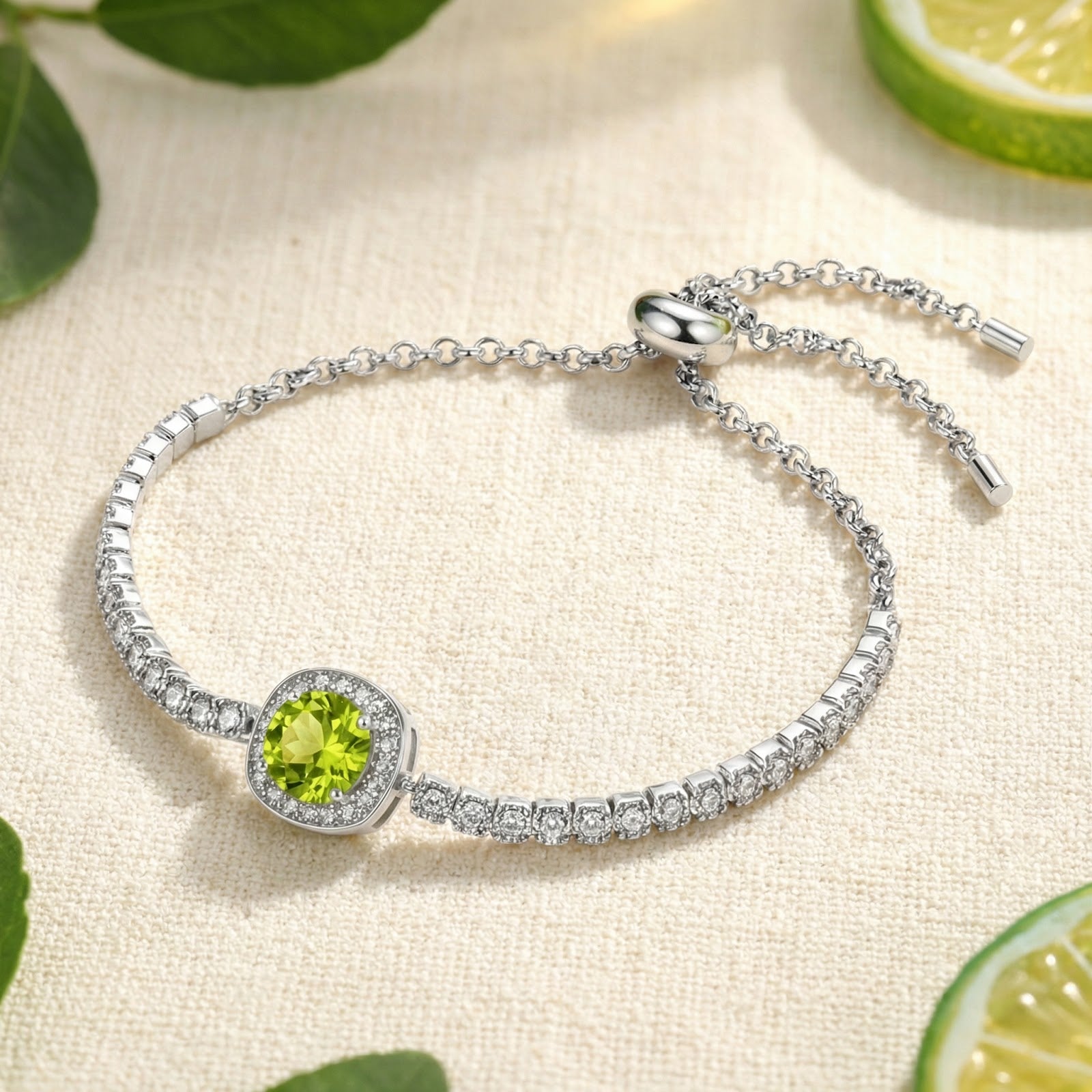 Lysaraea halo bracelet in S925 sterling silver with a round simulated peridot on a lifestyle background.