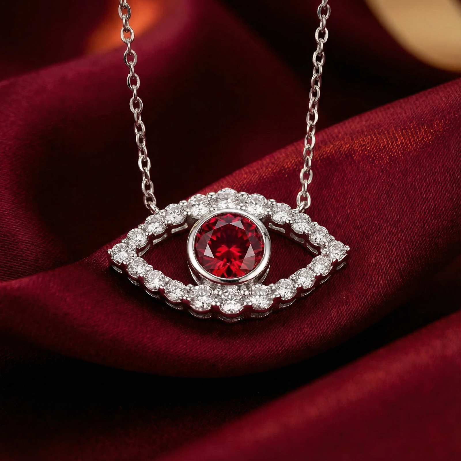 Macro view of the sterling silver Alarice Eye pendant with a brilliant round-cut red moissanite.