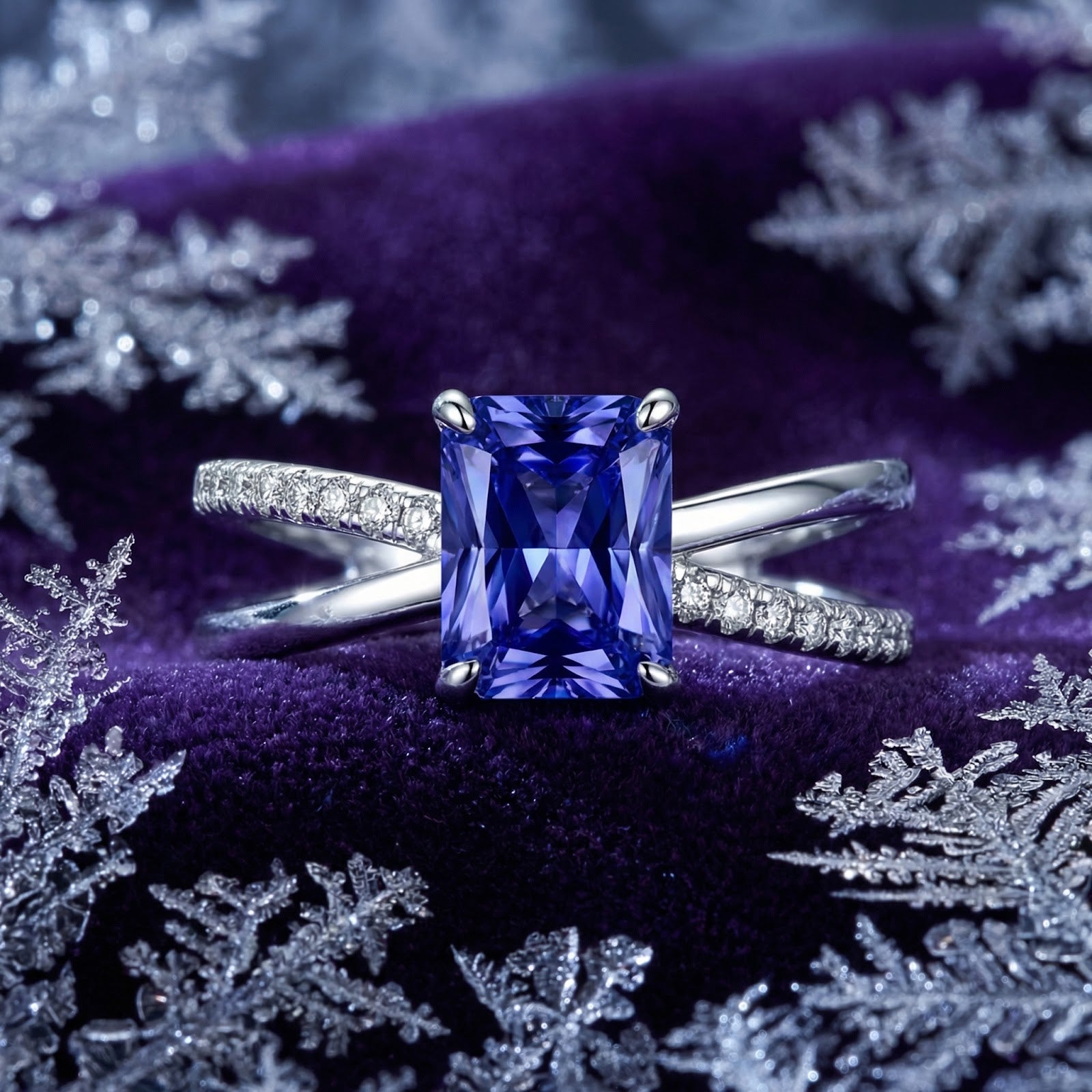 Radiant-cut simulated tanzanite ring in S925 sterling silver with crossover band on purple velvet.