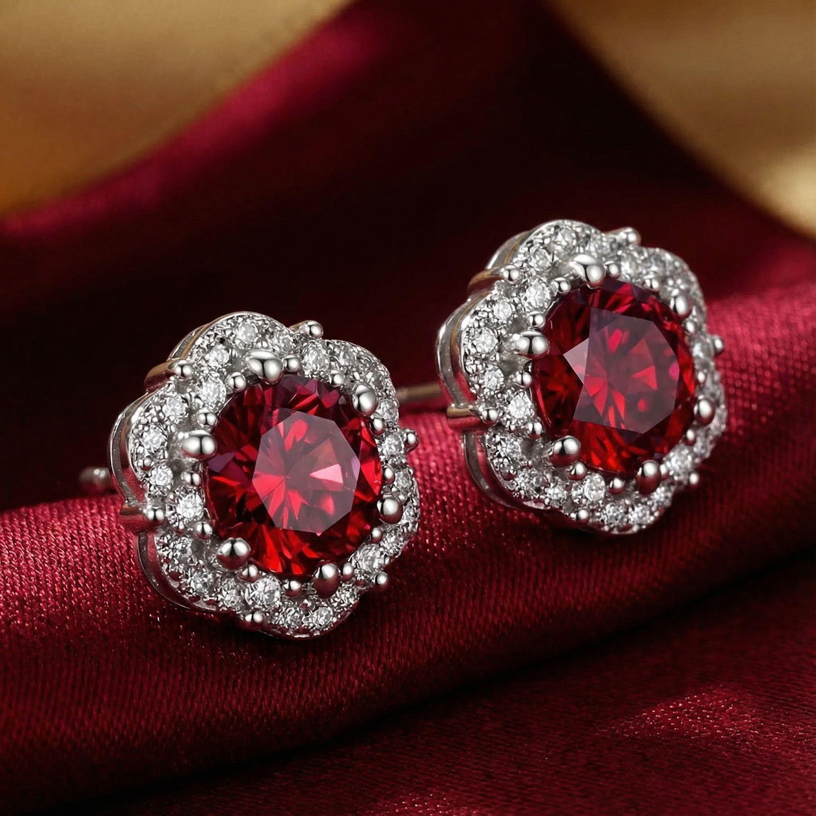 Angled view of simulated ruby halo studs in rhodium-plated sterling silver on red fabric.