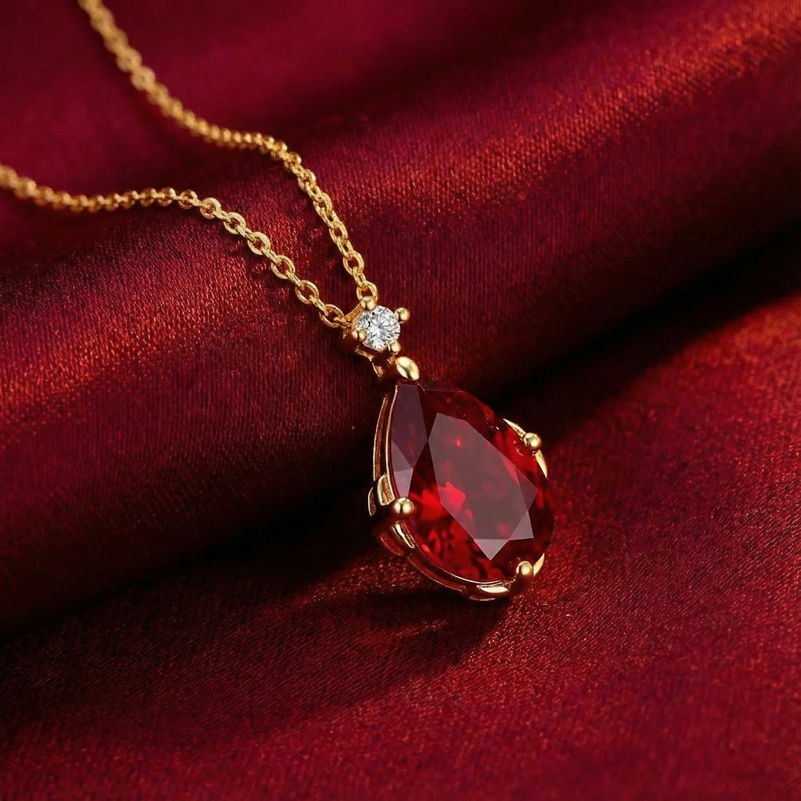 Macro view of a teardrop cut simulated ruby pendant in 18K gold vermeil on red satin background.