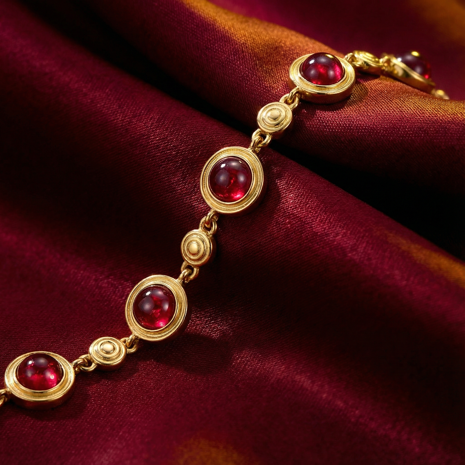 Macro view of the bezel-set round simulated rubies on the 18K gold vermeil Rosara station bracelet.