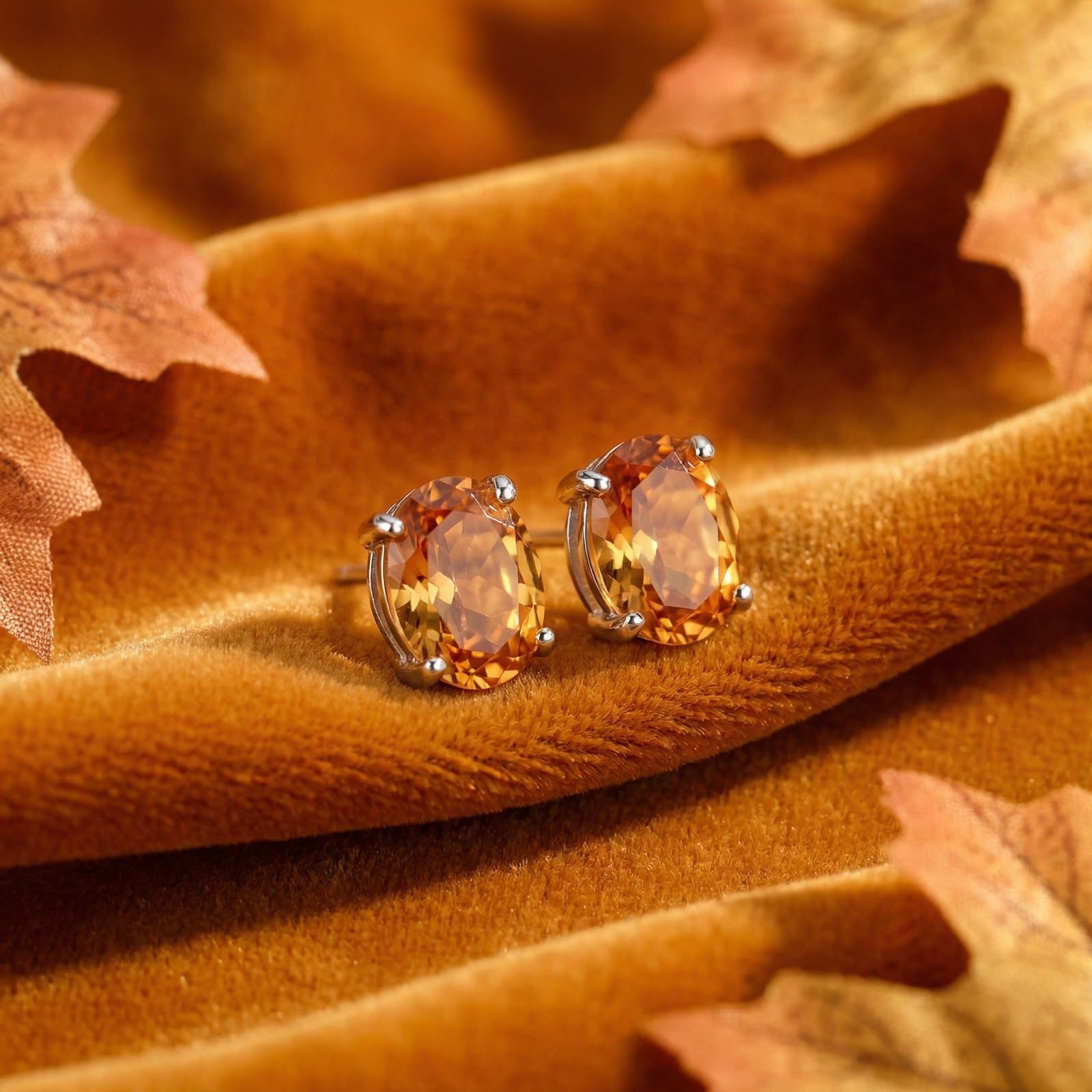 Oval simulated topaz stud earrings in sterling silver styled on golden velvet with autumn leaves.