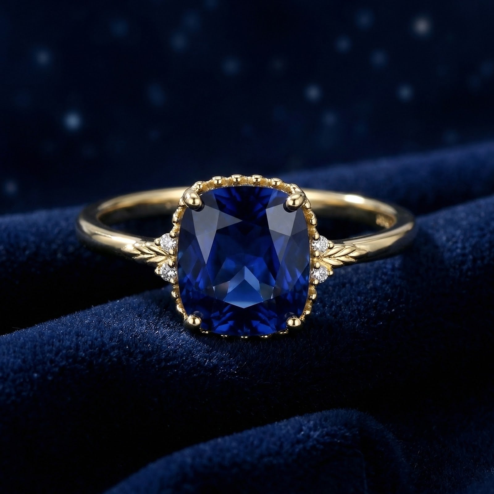 Front view of the Arisara cushion-cut simulated sapphire ring in 18K gold vermeil on blue velvet.