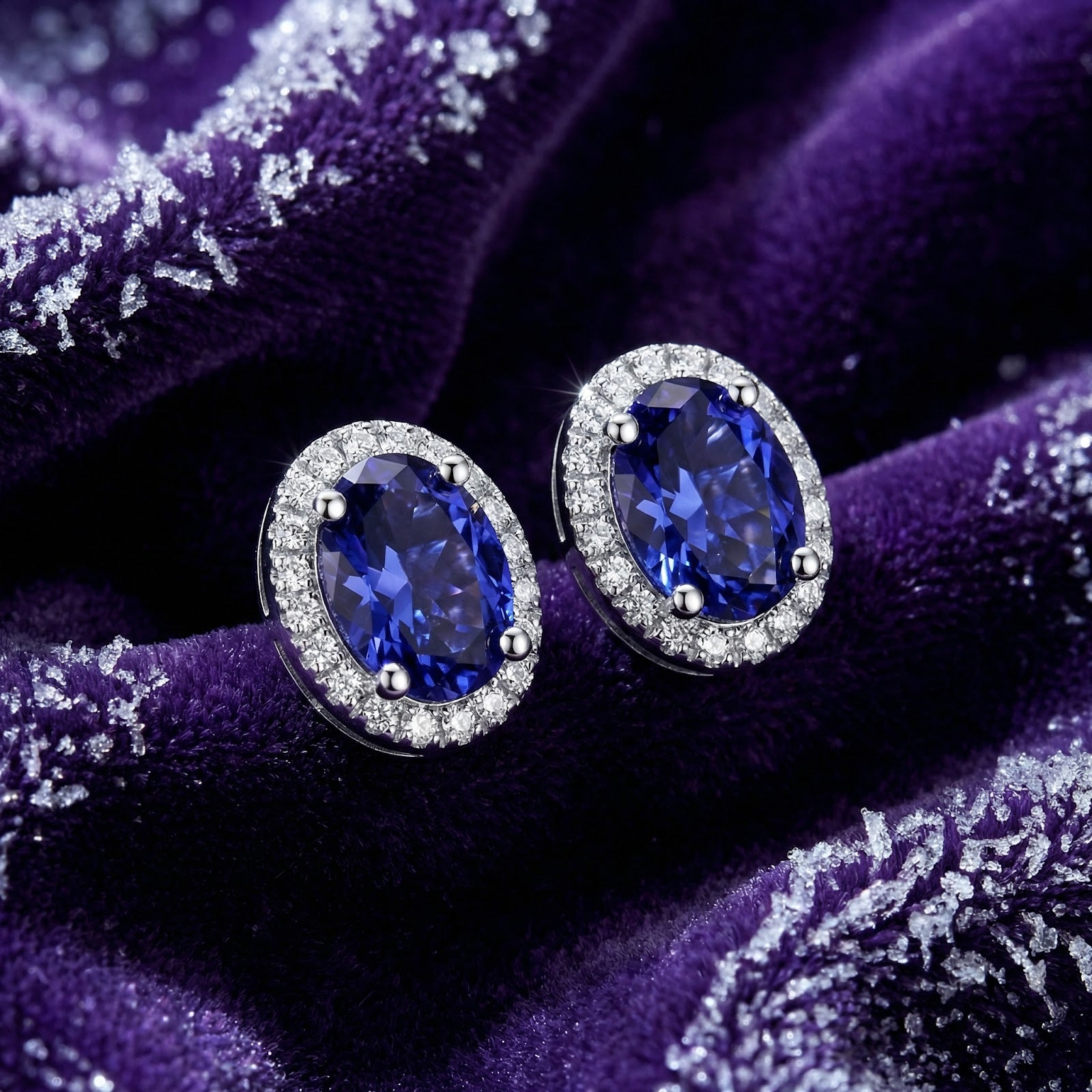 Oval simulated tanzanite halo stud earrings in sterling silver on a purple velvet background.