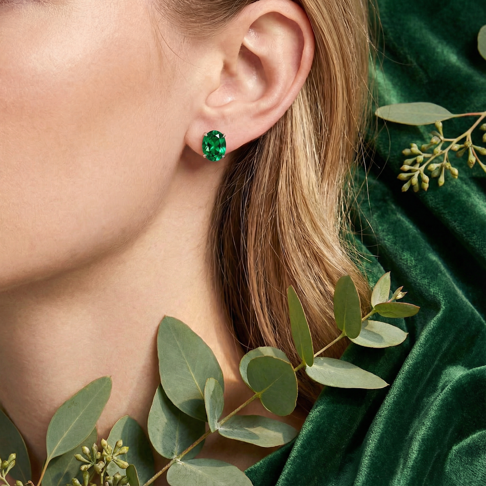 Woman wearing an oval-cut simulated emerald stud earring in sterling silver with green velvet and leaves.