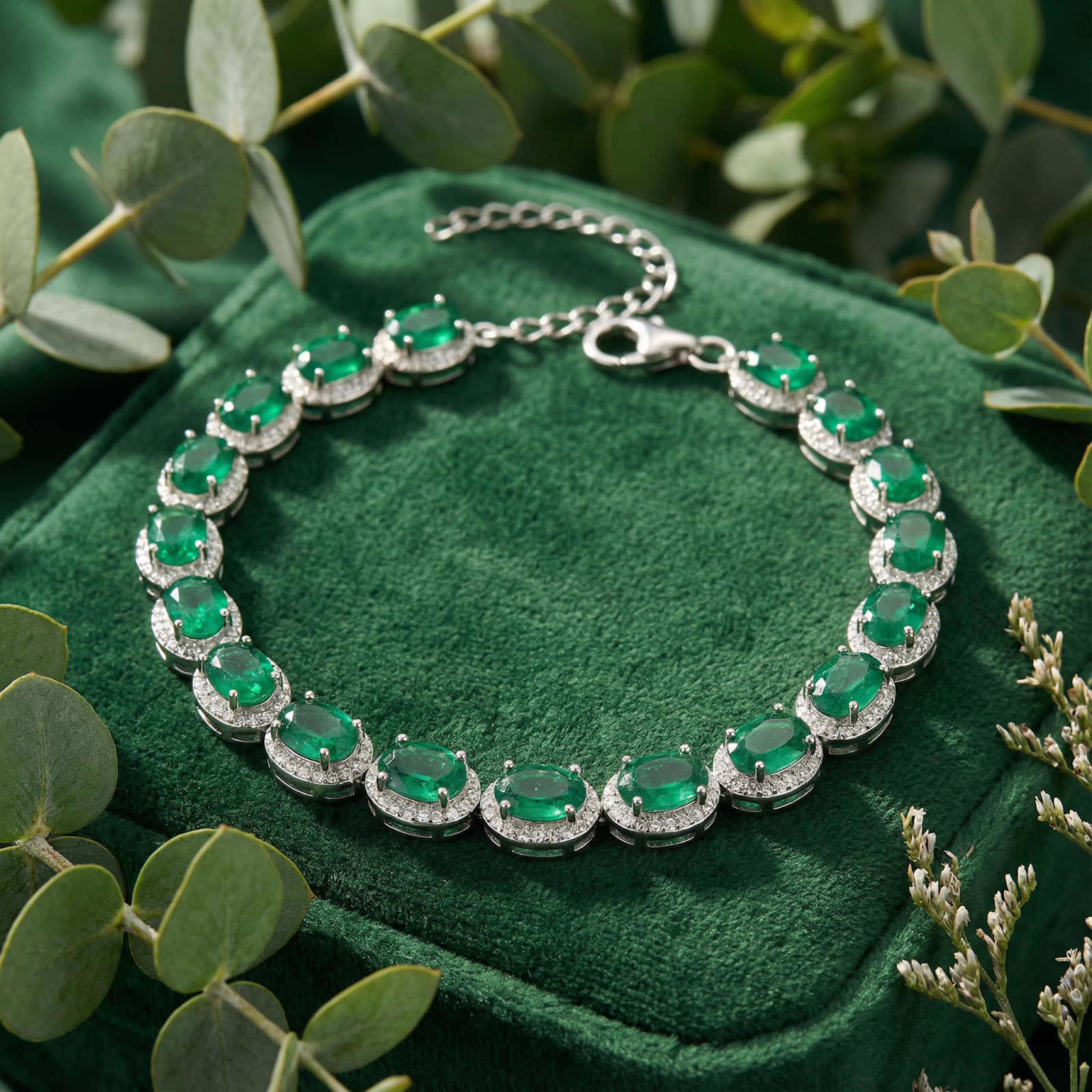 Oval-cut simulated emerald halo tennis bracelet in sterling silver on a green velvet box with eucalyptus leaves.