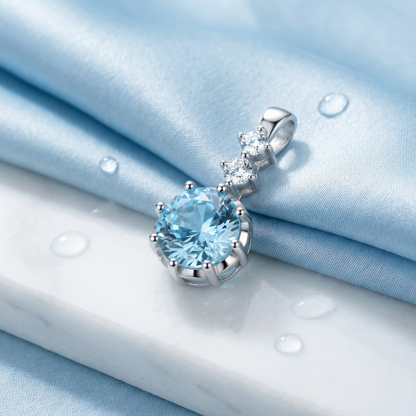 Close-up of a round-cut simulated aquamarine pendant in a silver prong setting with clear accent stones.