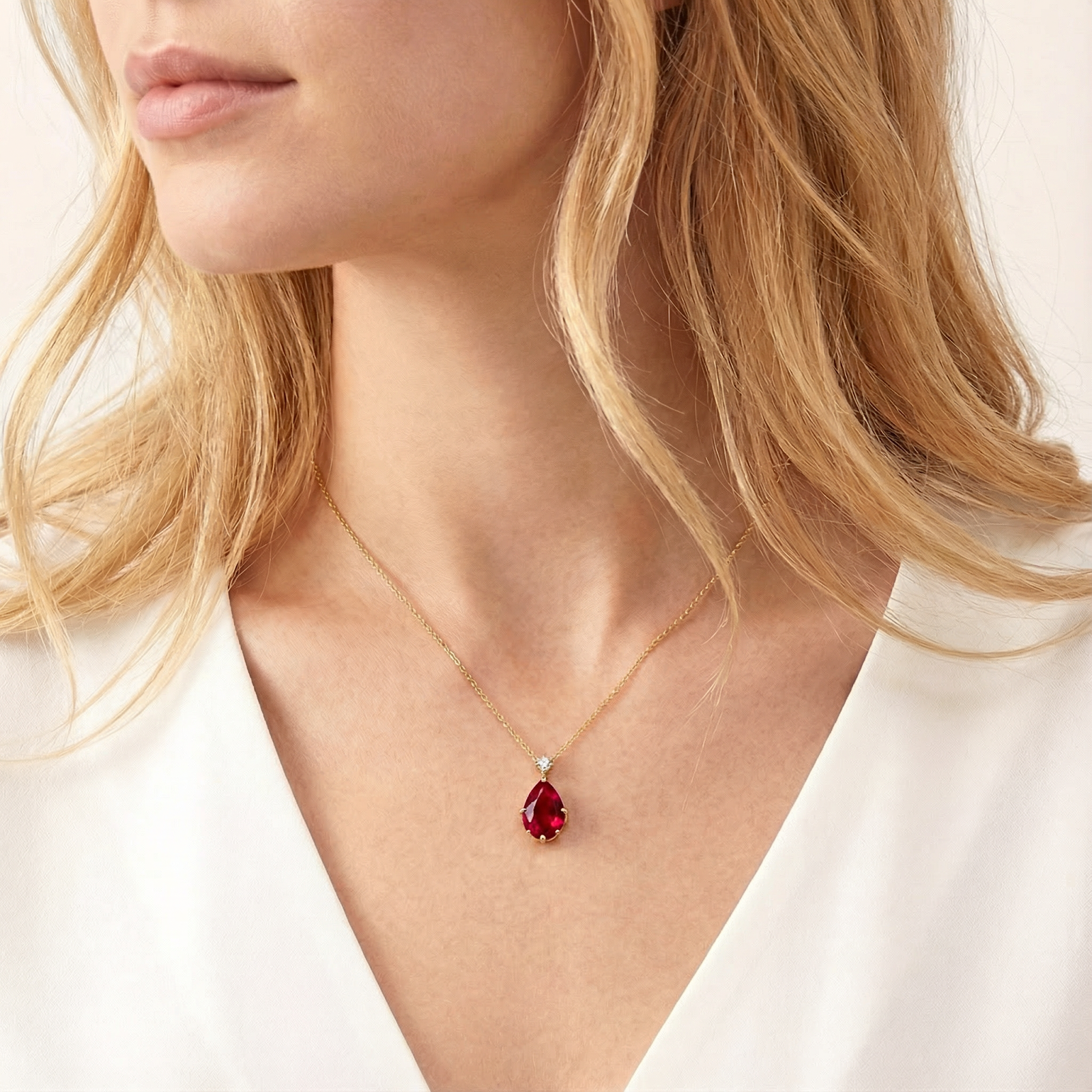 Woman wearing the Celestara teardrop simulated ruby necklace in 18K gold vermeil.