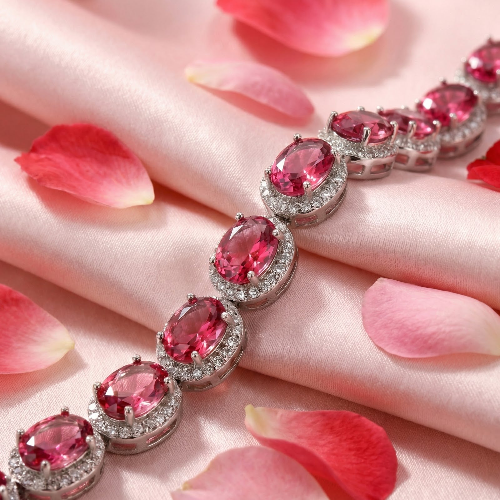 Macro shot of oval simulated pink tourmaline stones in sterling silver halo settings on pink fabric.