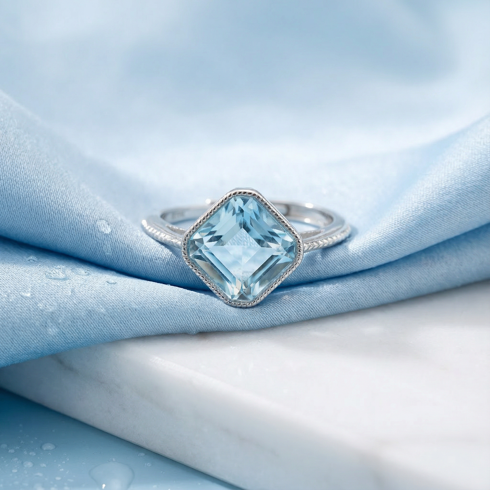 Aquila cushion cut simulated aquamarine ring in sterling silver on light blue silk and white marble.