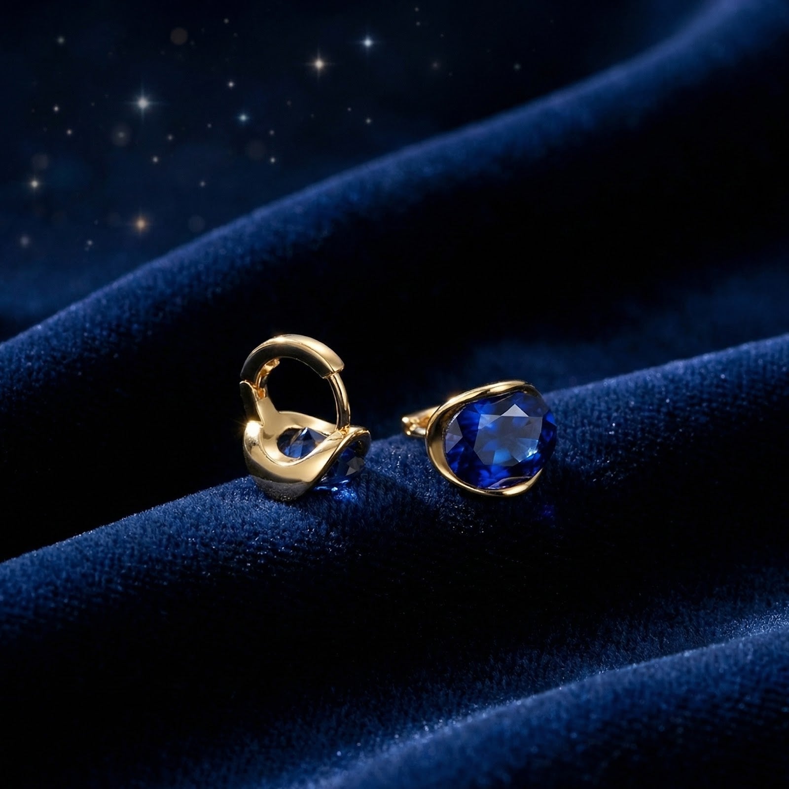 Macro view of the gold vermeil hinge and bezel setting on oval blue simulated sapphire earrings.
