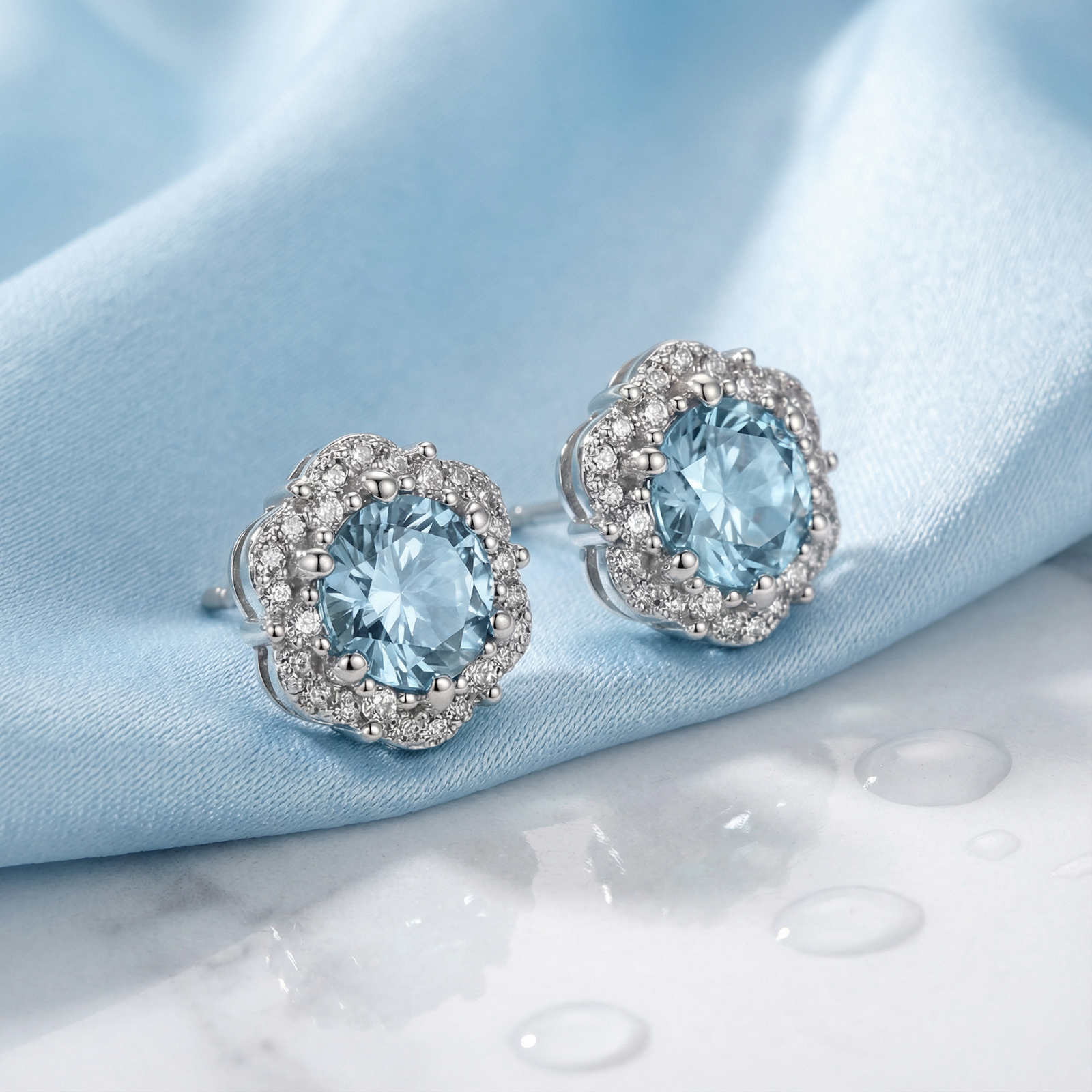 Side profile of simulated aquamarine halo stud earrings in sterling silver on a blue silk background.