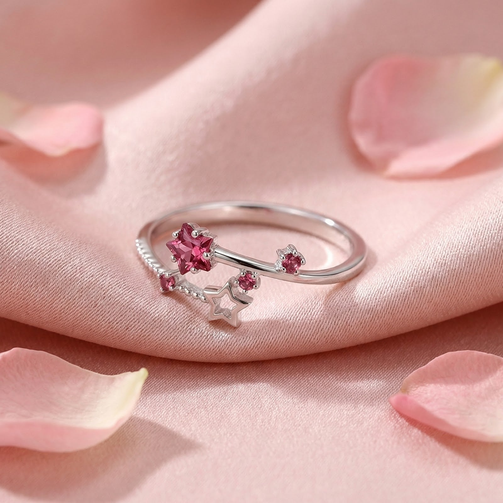 Stellaris bypass ring in S925 sterling silver with raspberry pink tourmaline stars on pink silk with petals.