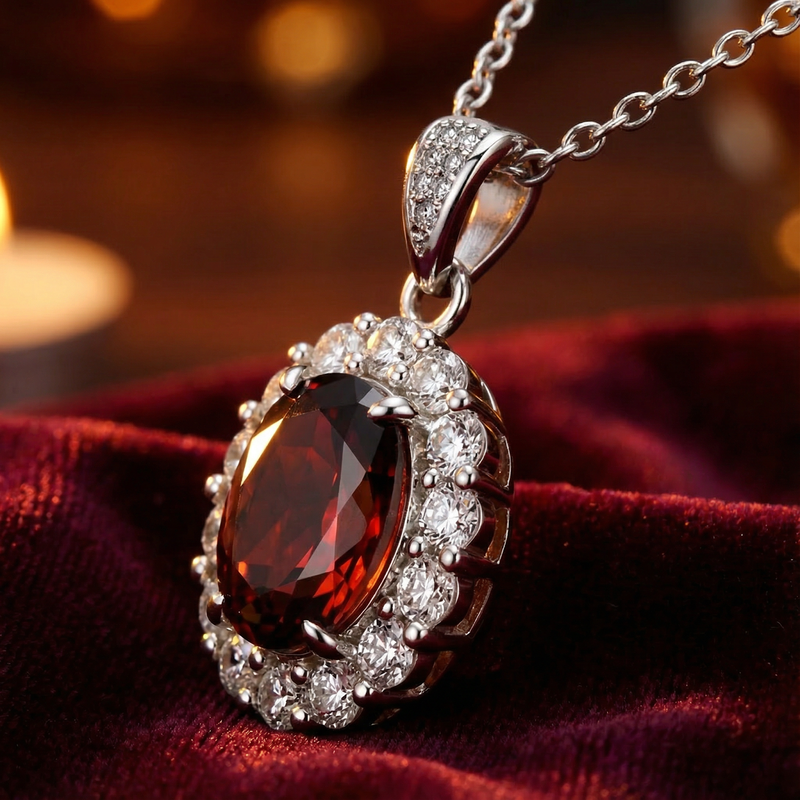 Detailed side view of the Orielle oval red garnet halo pendant in a silver-toned setting.