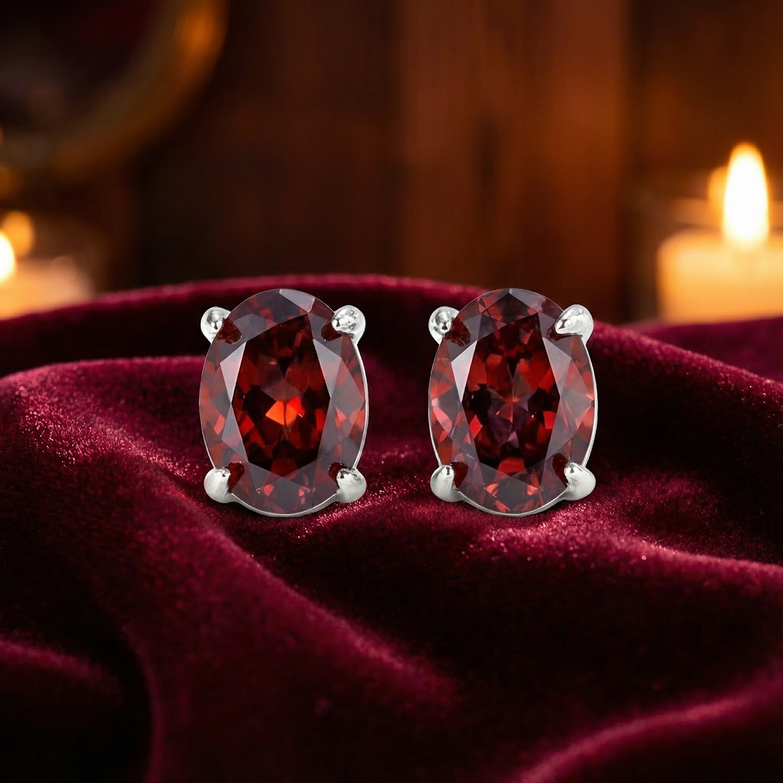 Macro view of The Aderyn oval cut simulated garnet stones in sterling silver prongs on red velvet.