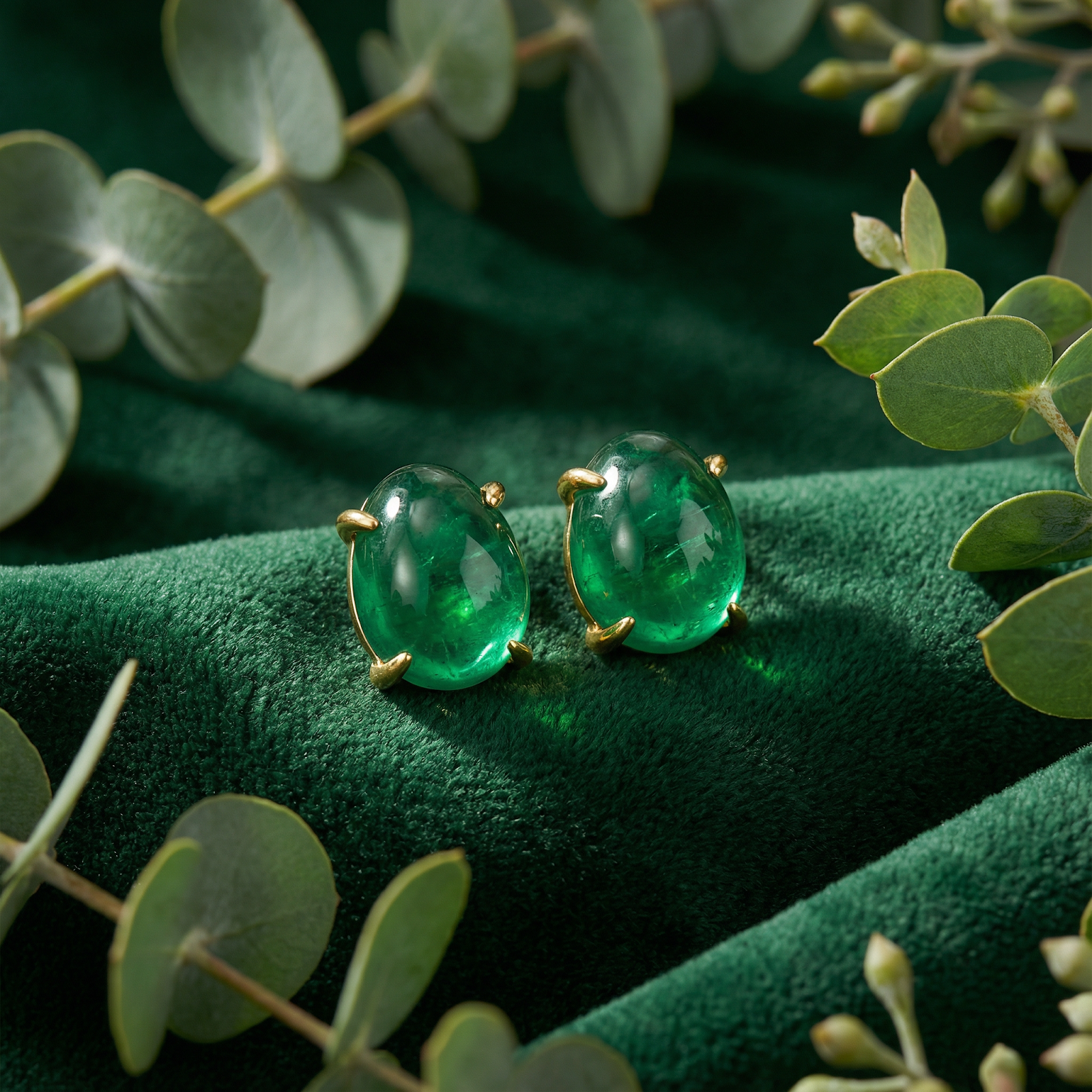 Oval simulated emerald stud earrings in 18K gold vermeil on green velvet with eucalyptus leaves.