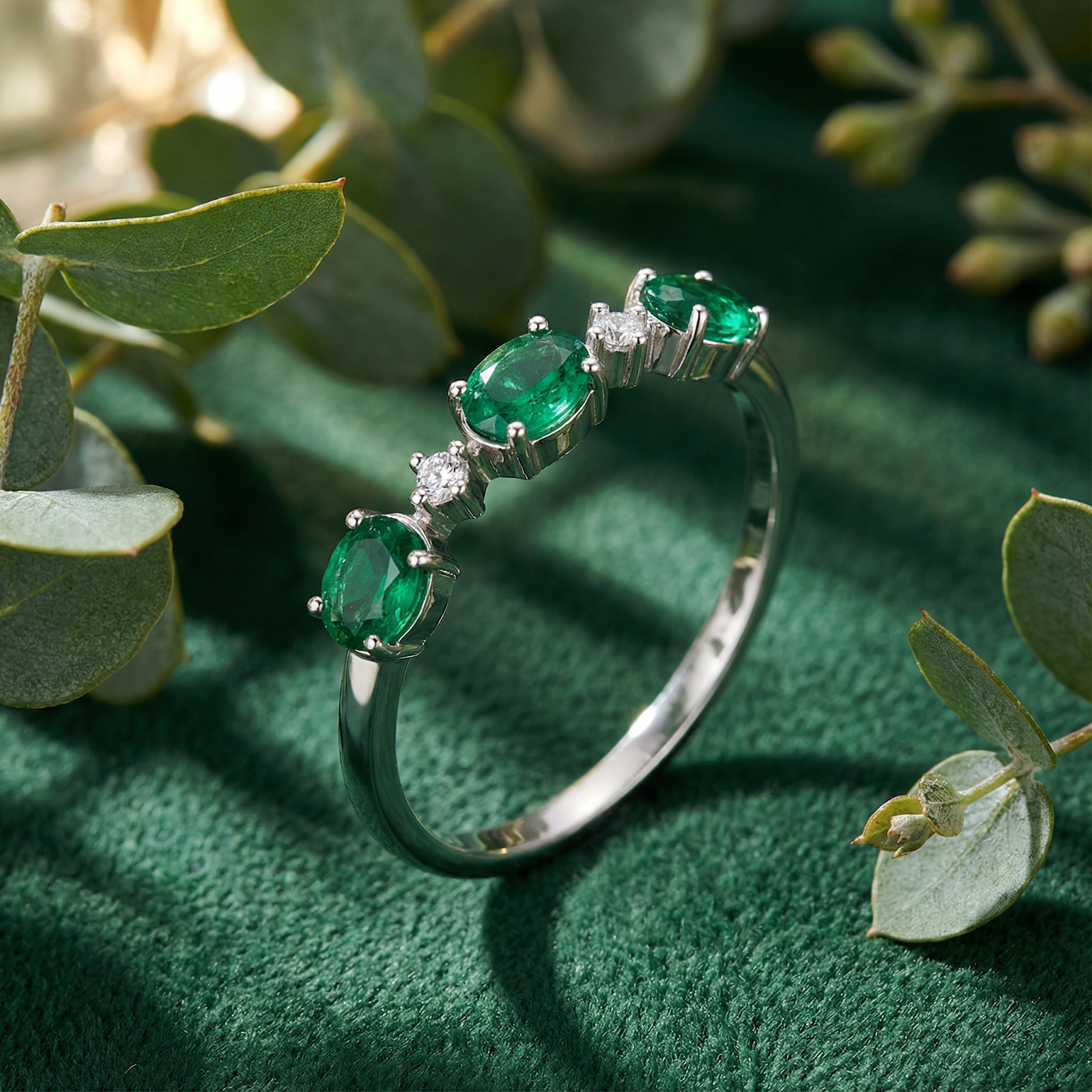 Macro view of three oval simulated emeralds in a sterling silver bypass setting on a green velvet surface.