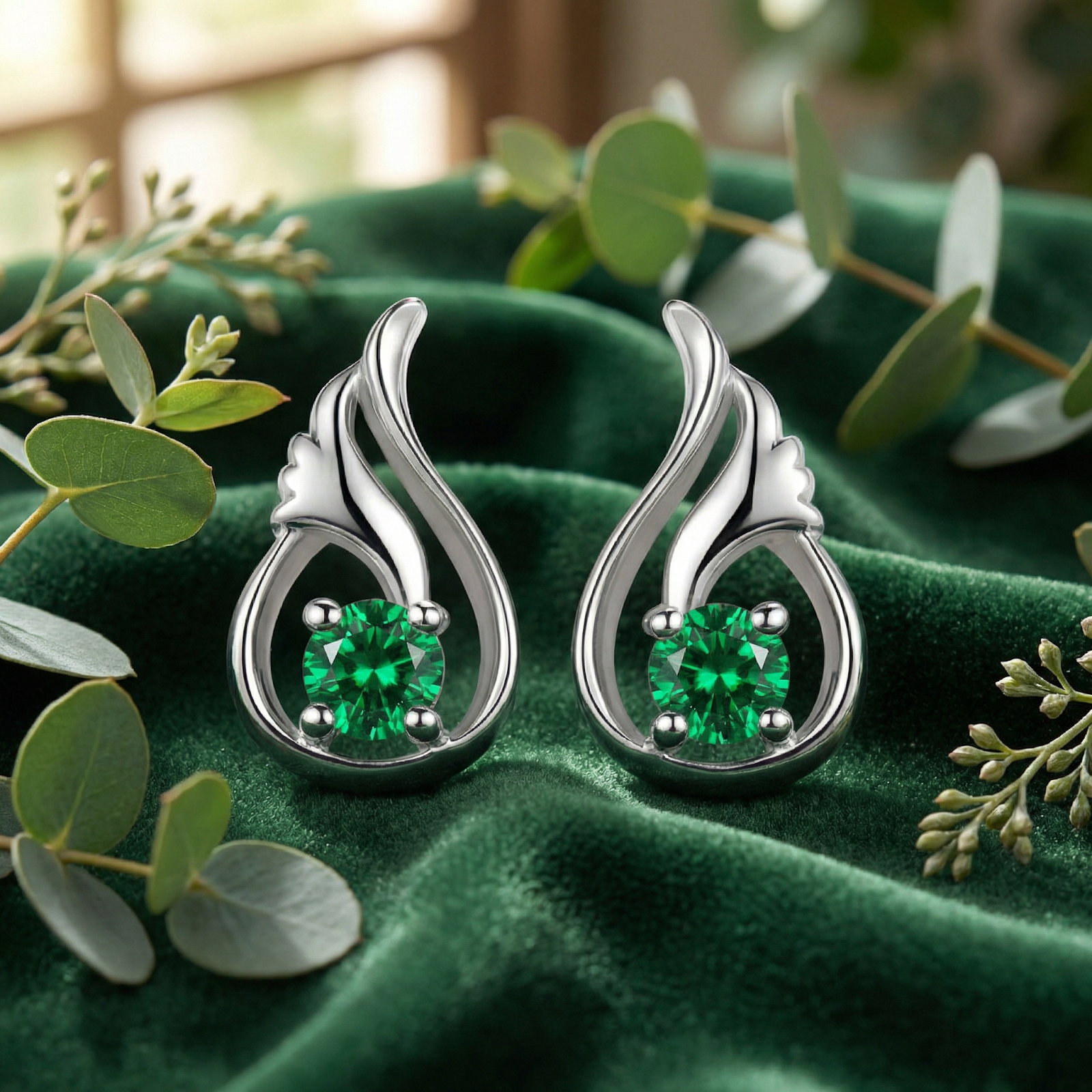 Silver bud-shaped drop earrings with round green simulated emeralds on green velvet with eucalyptus leaves.