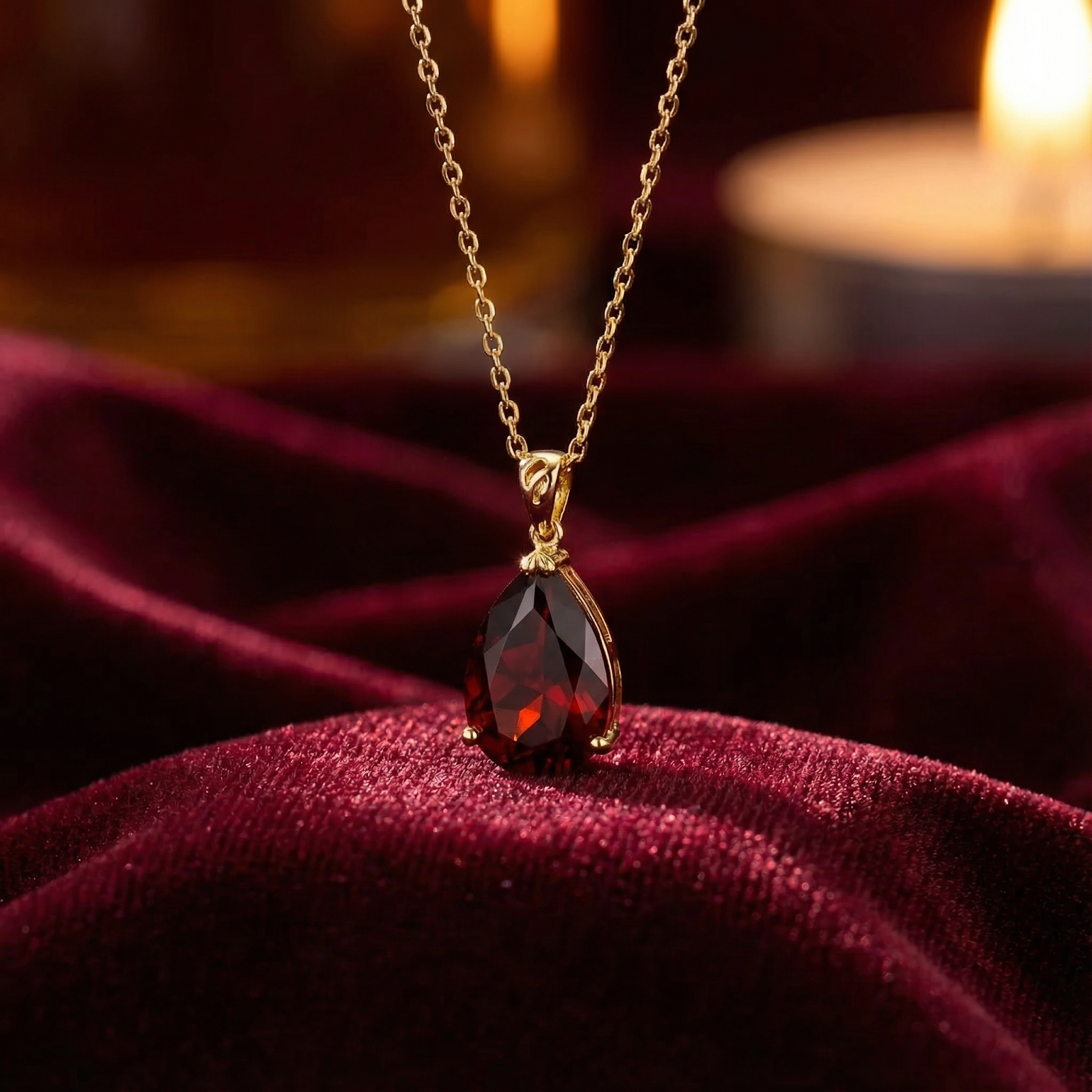 Close-up of the Seraphia Teardrop pear cut simulated garnet pendant in 18K gold vermeil on red velvet.