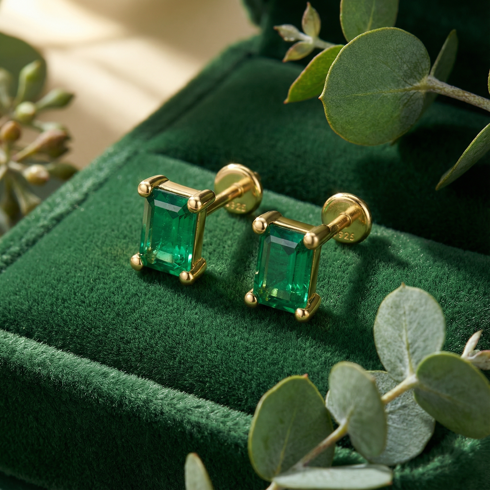 Close-up of emerald cut simulated emerald stud earrings in 18K gold vermeil showing the prong setting.