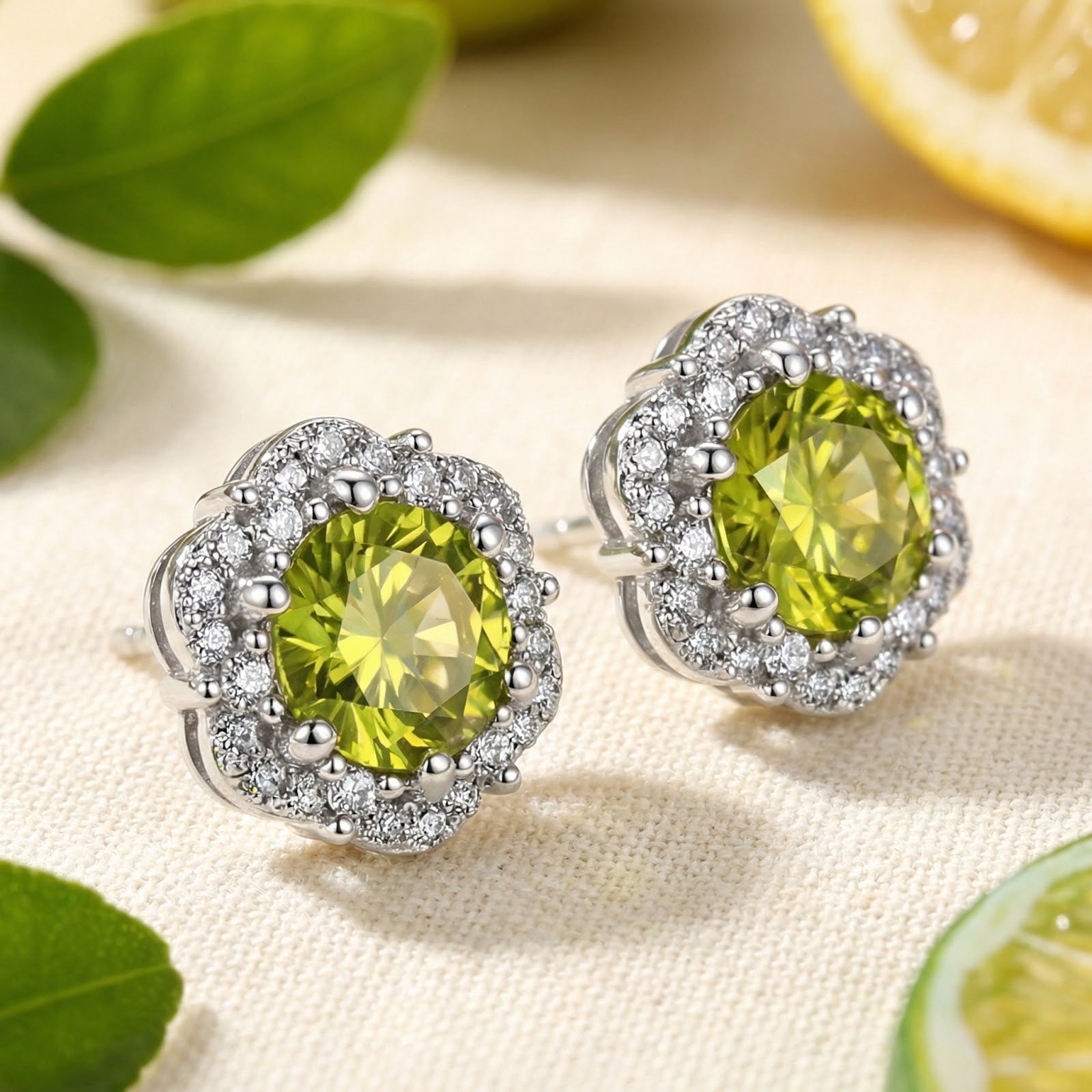 Angled macro view of S925 sterling silver simulated peridot flower earrings showing the brilliant halo and setting.