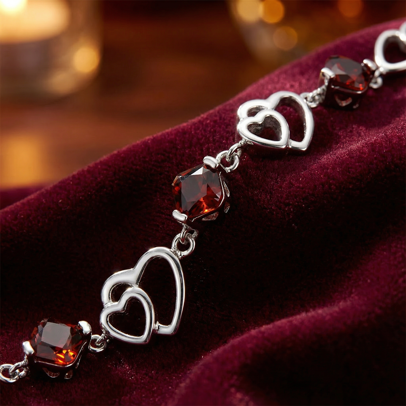 Macro view of sterling silver double heart links and square-cut simulated garnet stones on red velvet.