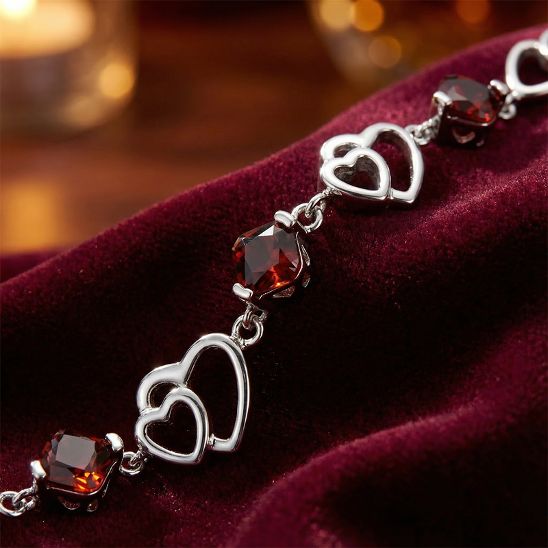 Macro view of sterling silver double heart links and square-cut simulated garnet stones on red velvet.
