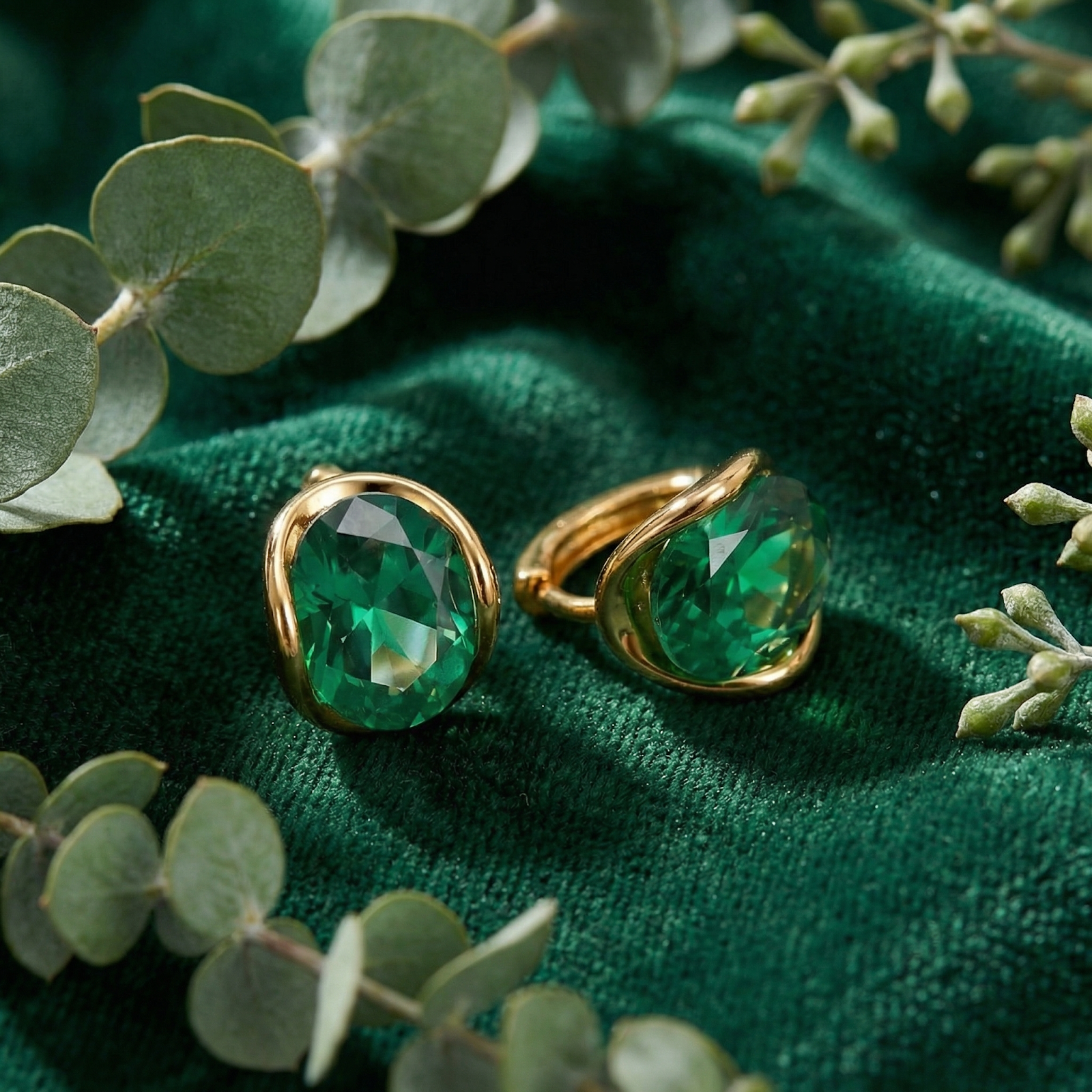 The Veris Oval 18K gold plated simulated emerald earrings on green velvet with eucalyptus leaves.