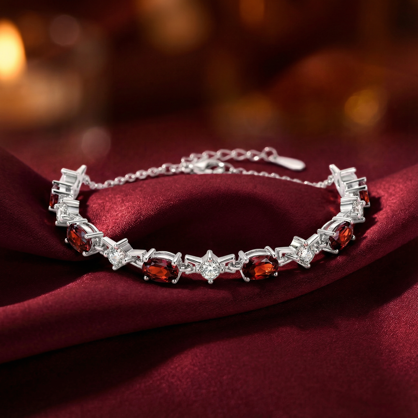 Oval simulated garnet and sterling silver station bracelet resting on draped red satin fabric.