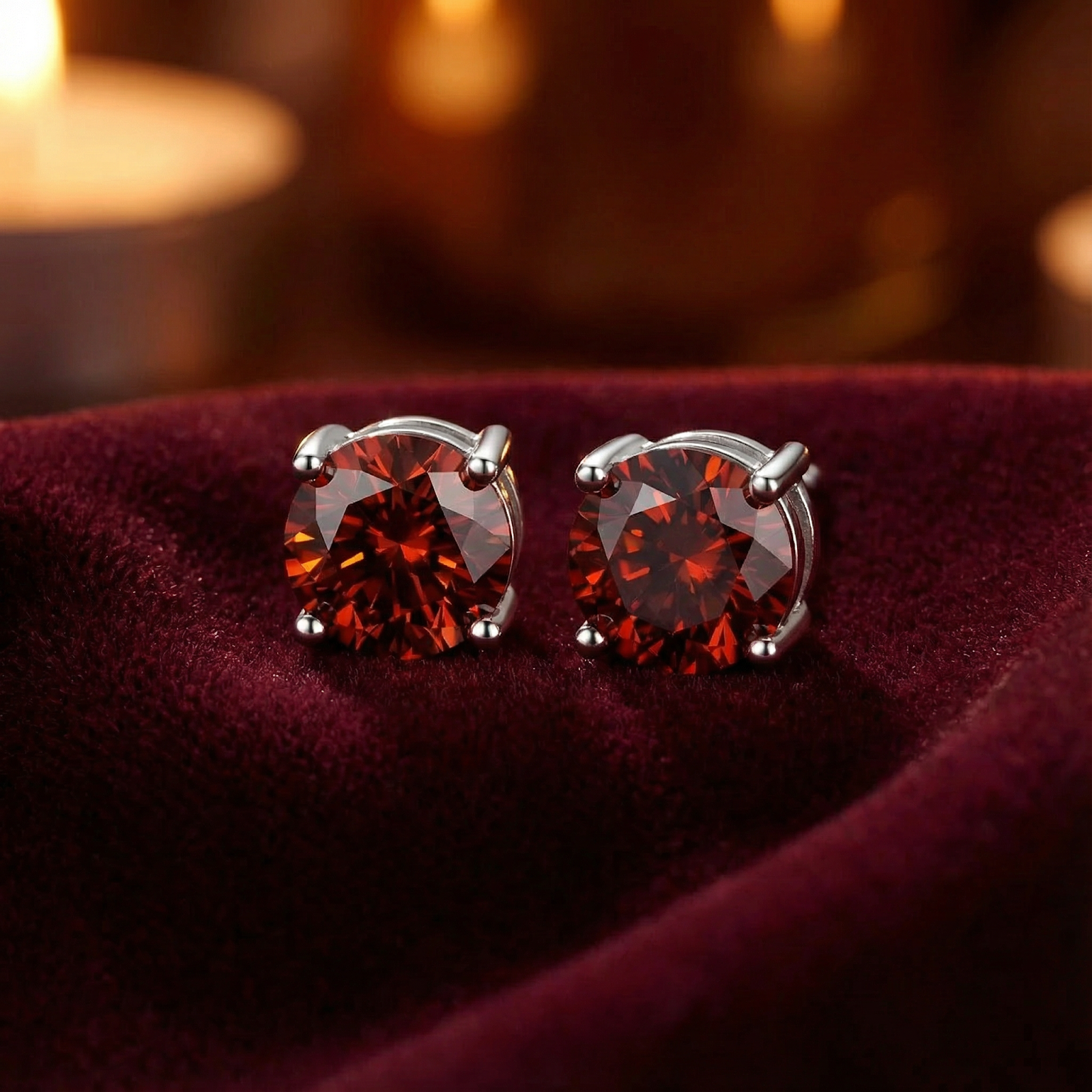 Round cut simulated garnet stud earrings in S925 sterling silver resting on deep red velvet.