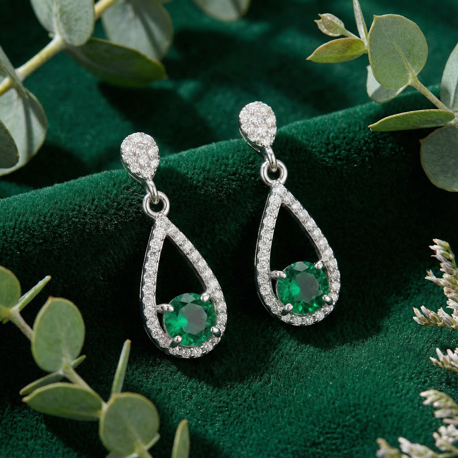 Sterling silver teardrop halo earrings with round simulated emeralds on green velvet with eucalyptus leaves.