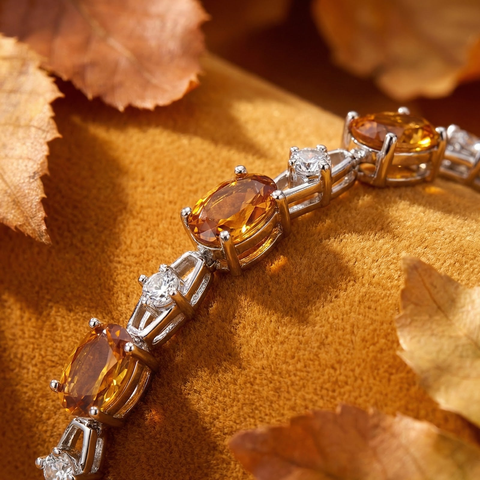Close-up of oval-cut honey simulated topaz and round clear stones in a sterling silver prong setting.