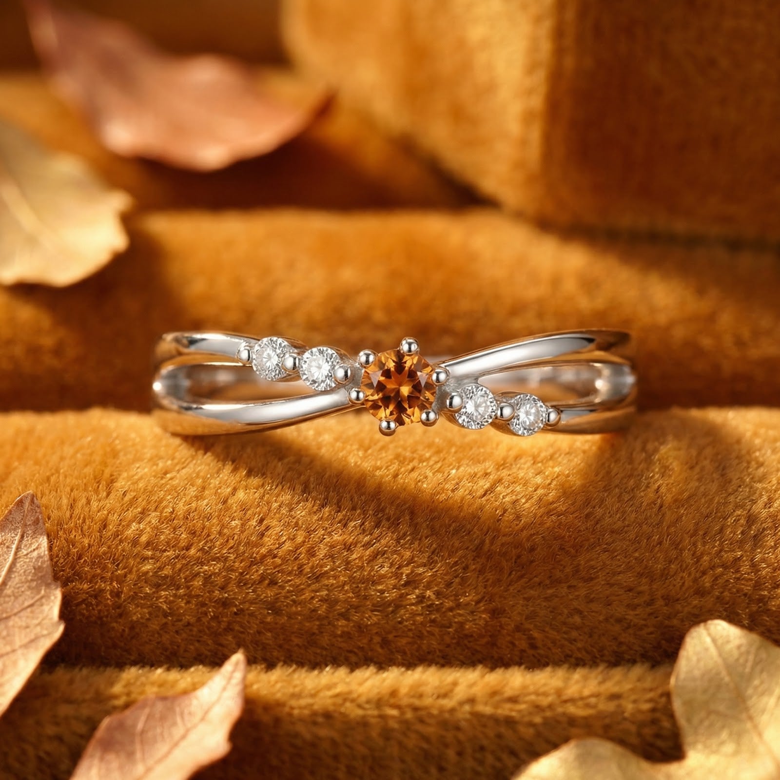 Sterling silver crossover ring with a round simulated topaz on a warm velvet background with autumn leaves.