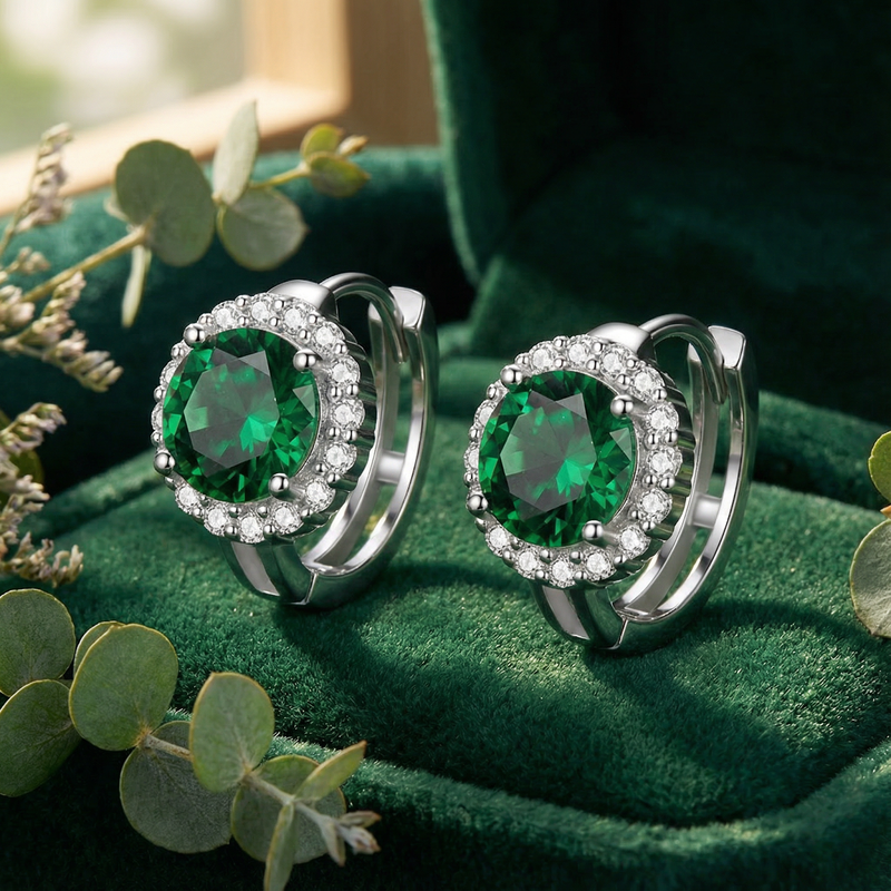 Detailed view of green round moissanite halo earrings in silver, highlighting the stone facets and setting.