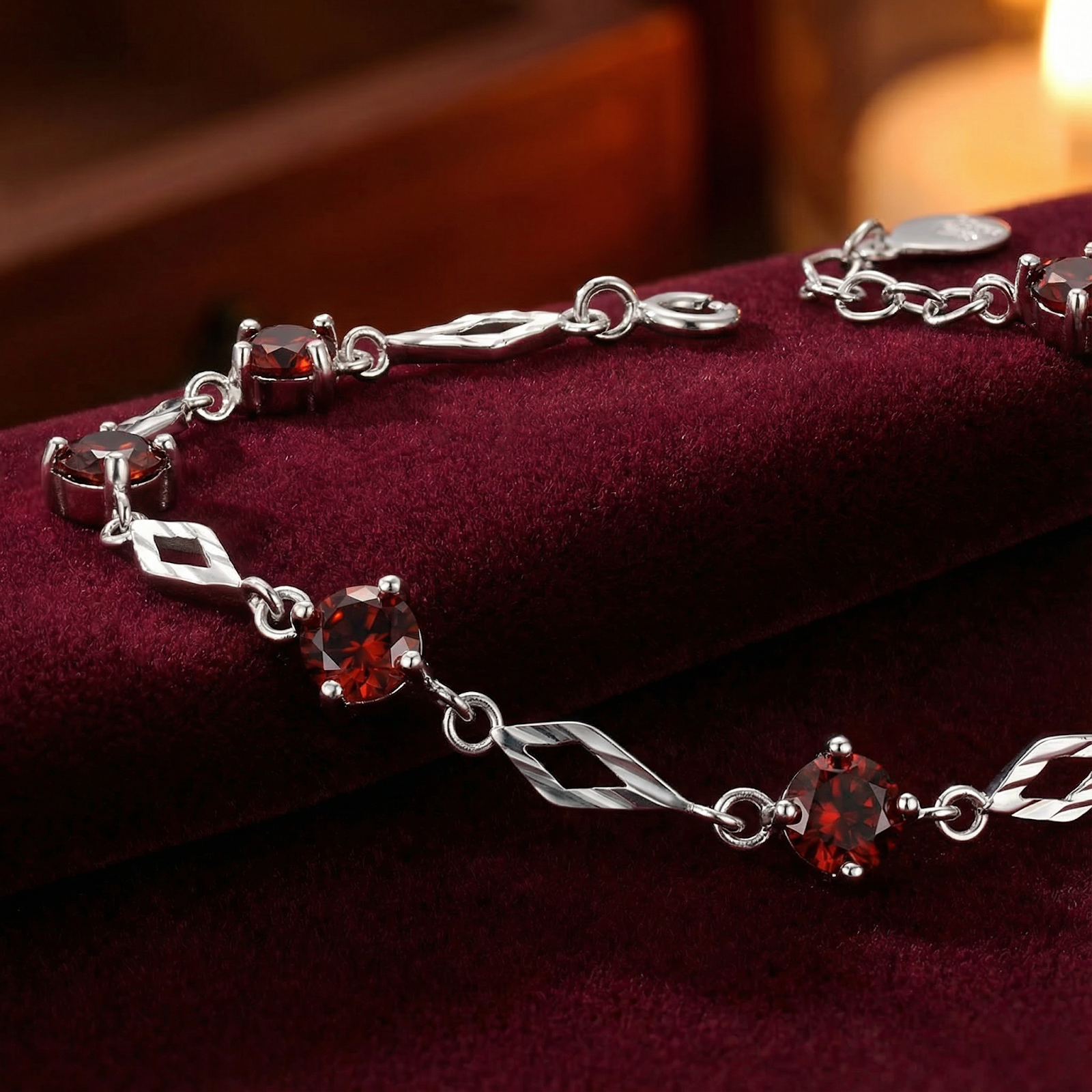 Macro view of sterling silver station links and round-cut simulated garnets on red velvet.