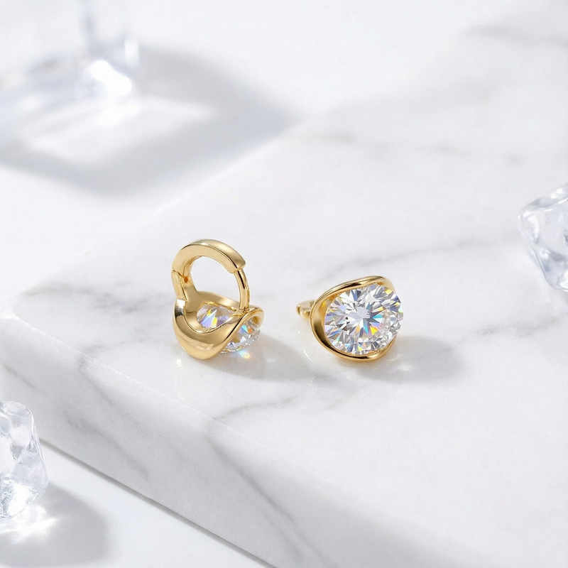 Side view of 18K gold vermeil oval zirconia earrings showing the secure clasp and stone setting.