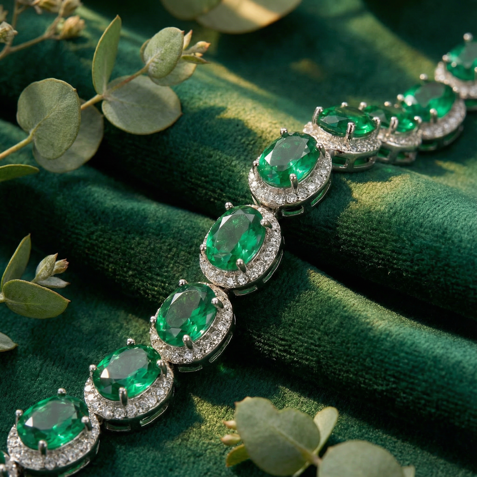 Close-up of oval-cut simulated emeralds in halo settings on a sterling silver tennis bracelet over green velvet.