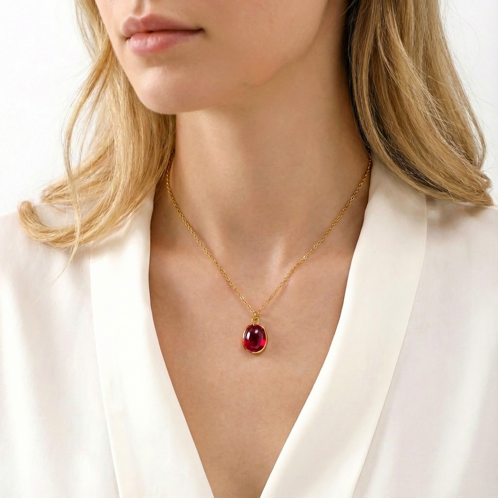 Model wearing the gold-toned stainless steel necklace with a red simulated ruby teardrop pendant.