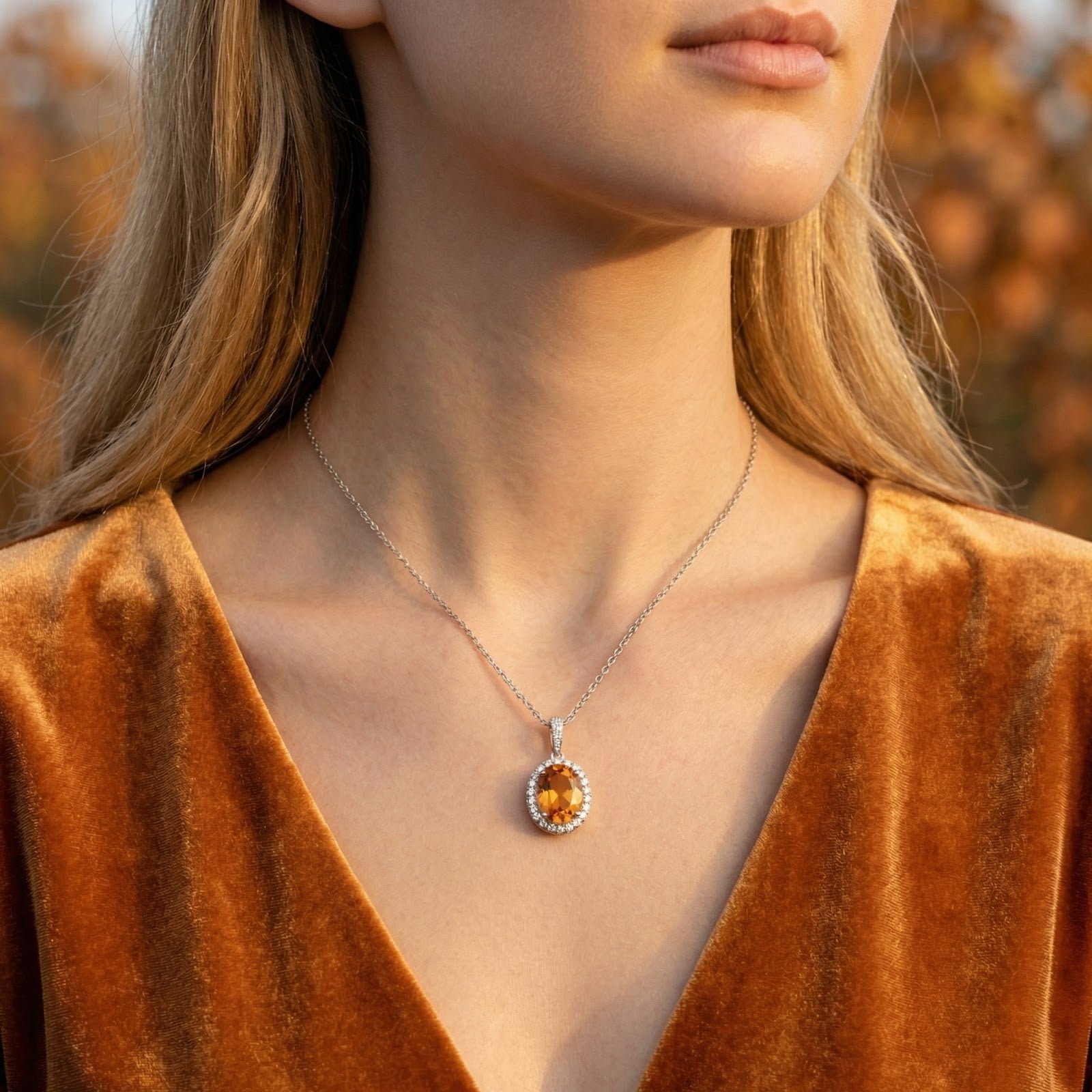 Woman wearing the Elianise honeyed oval topaz necklace in sterling silver with an orange velvet dress.