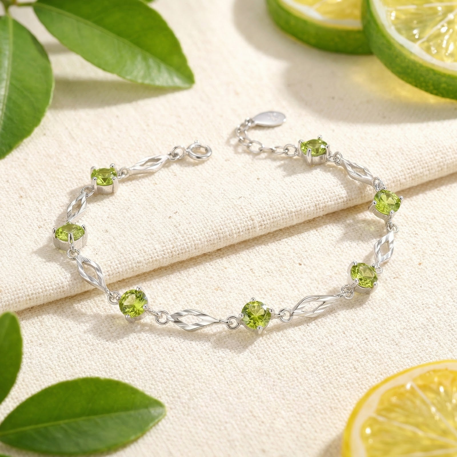 S925 sterling silver station bracelet with round-cut simulated peridot stones on a styled fabric background.