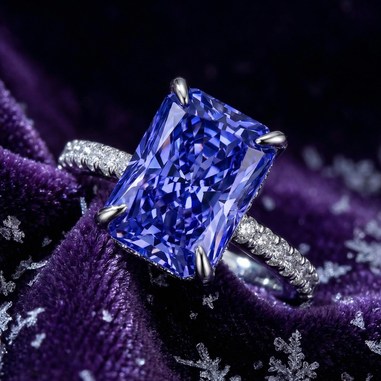 Macro view of a radiant cut simulated tanzanite stone and pave S925 sterling silver band on purple velvet.