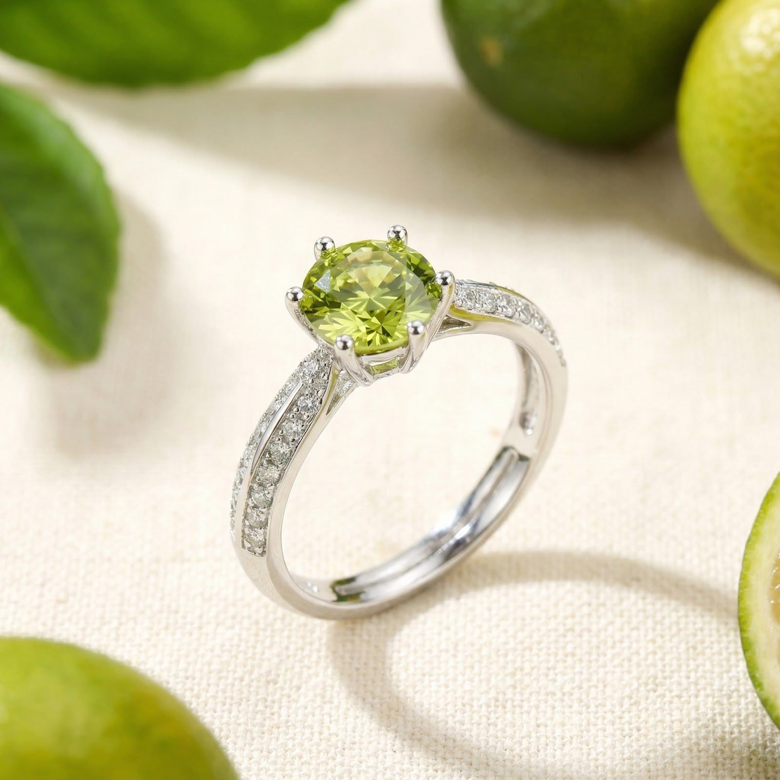Round-cut simulated peridot ring in sterling silver with milgrain detail on a lifestyle background with limes.