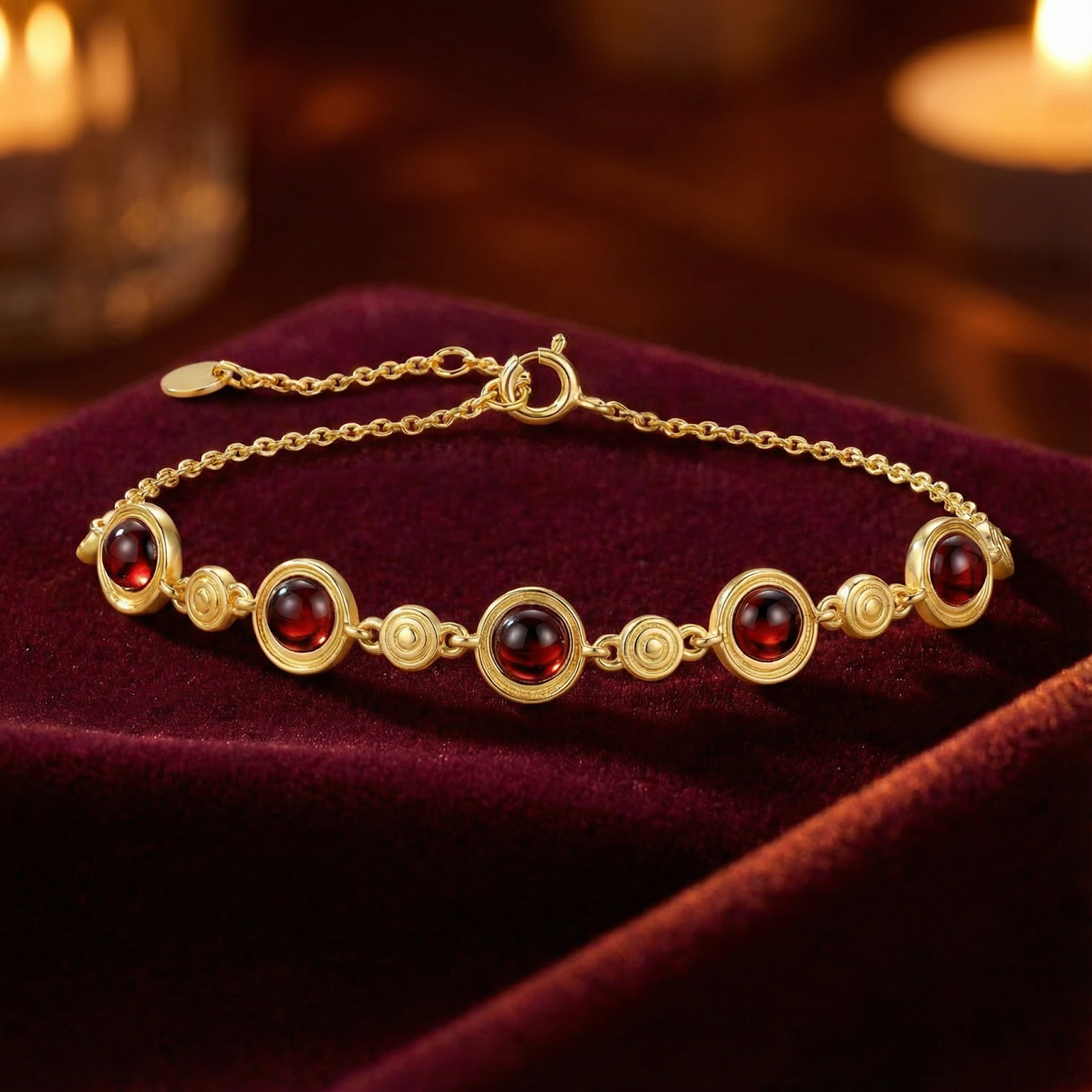 Calyssa station bracelet in 18K gold vermeil with round simulated garnets on a red velvet background.