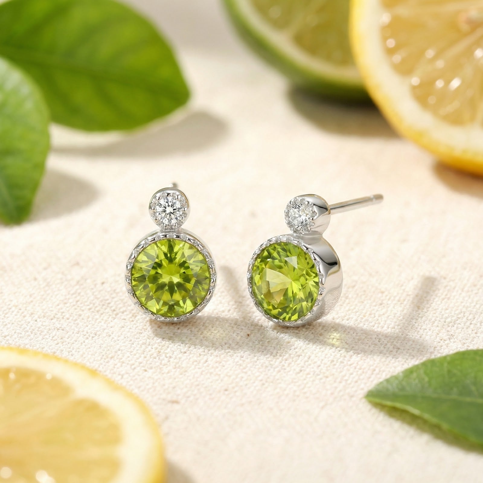 Sterling silver round peridot stud earrings with clear accents displayed next to fresh lime slices.