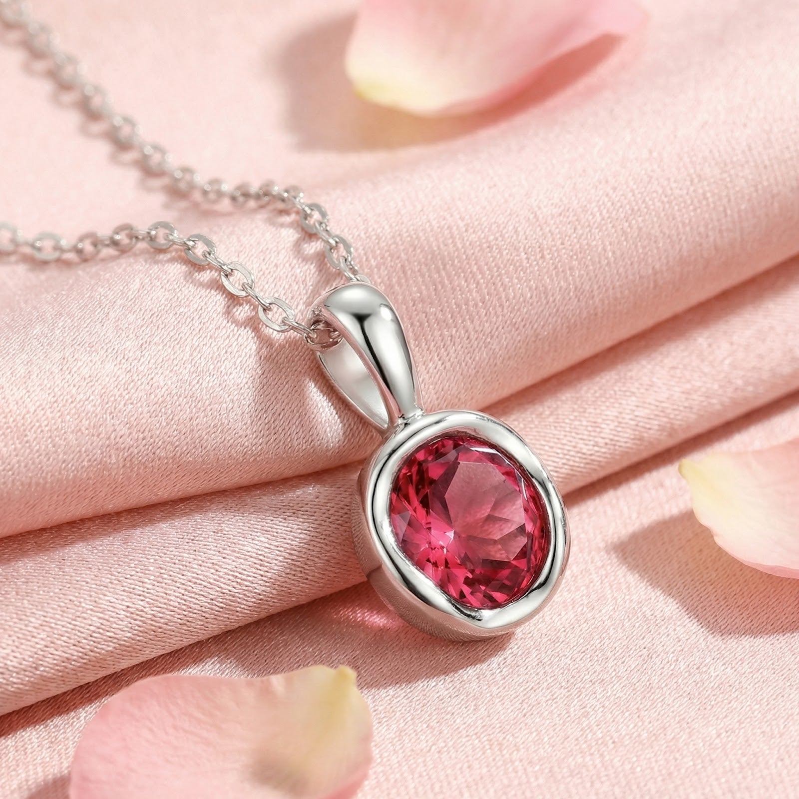 Macro view of a round simulated pink tourmaline pendant in a silver bezel setting on pink fabric with petals.