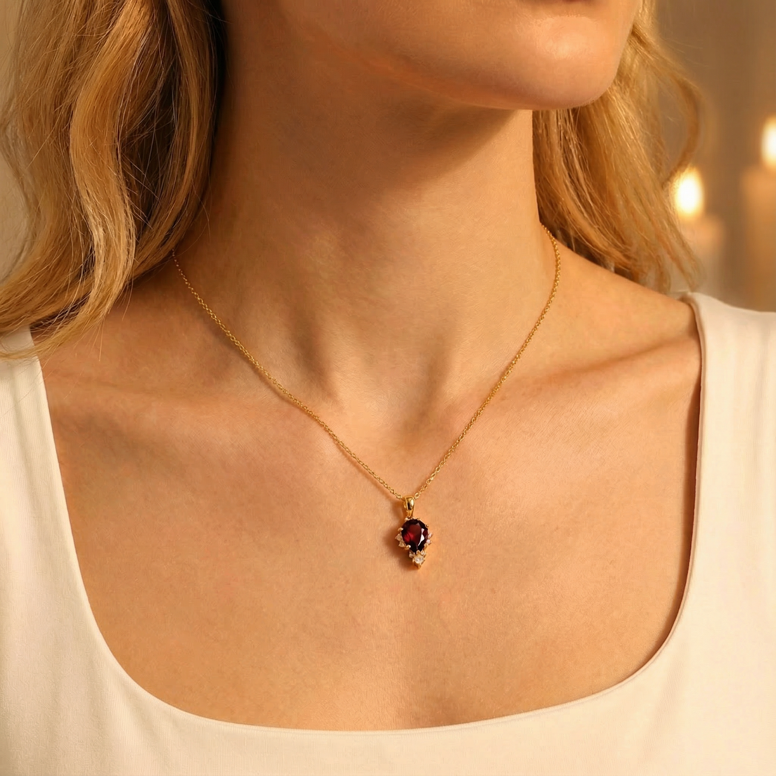 18K gold vermeil teardrop simulated garnet necklace worn by a model in a white scoop neck top.