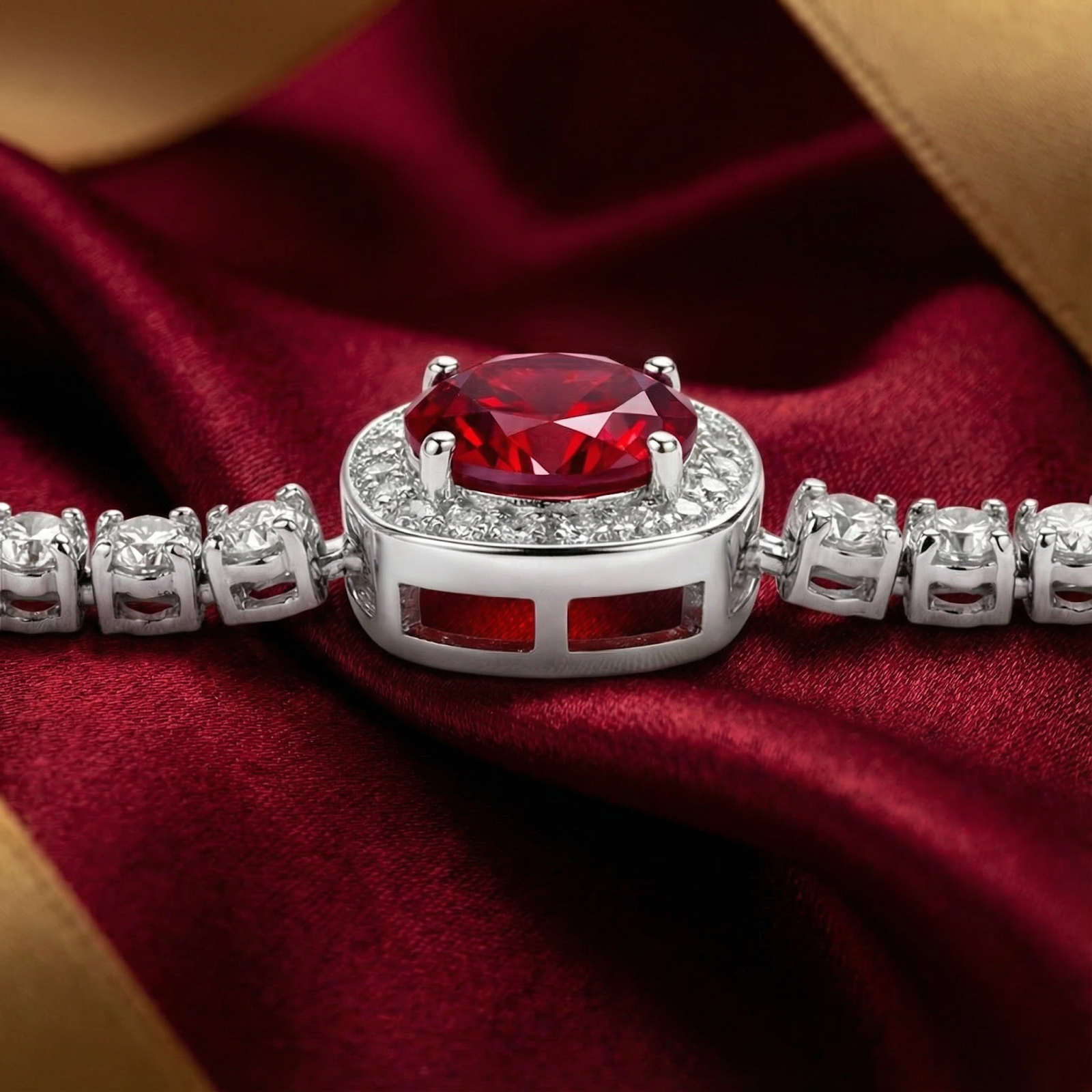 Macro view of a cushion-cut simulated ruby in a sterling silver halo setting with side gallery detail.