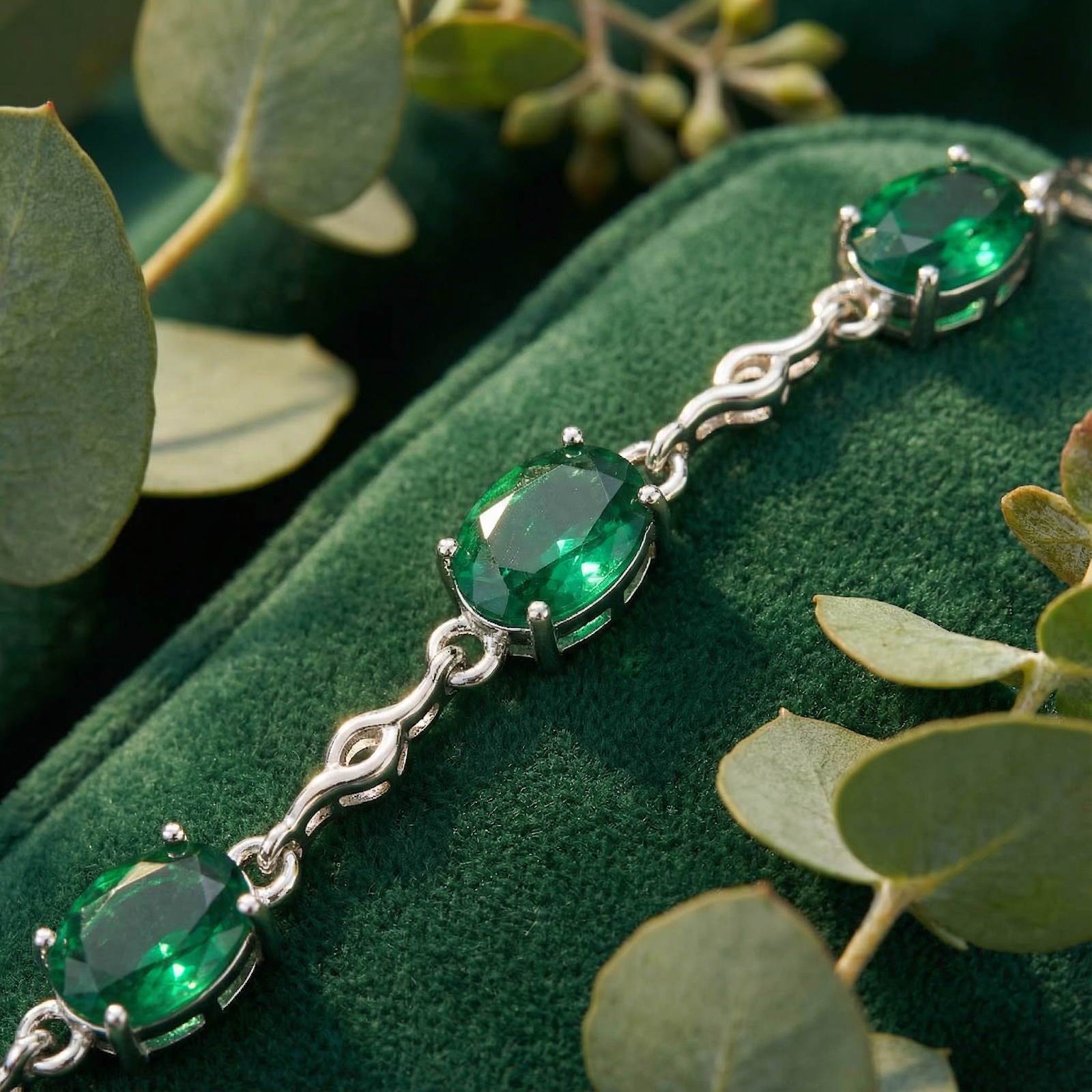 Macro view of oval-cut simulated emeralds in a rhodium-finished sterling silver station bracelet.