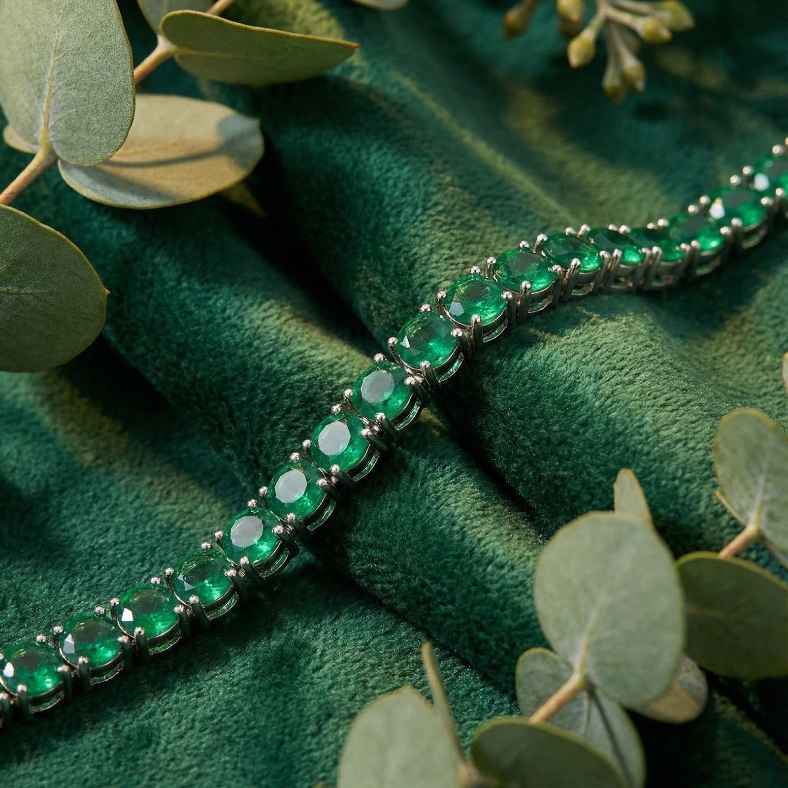 Close-up of a stainless steel tennis bracelet with forest green simulated emeralds on green velvet.